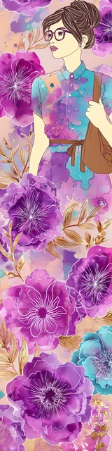 Free teacher bookmark featuring a teacher with big magenta flowers holding a bag